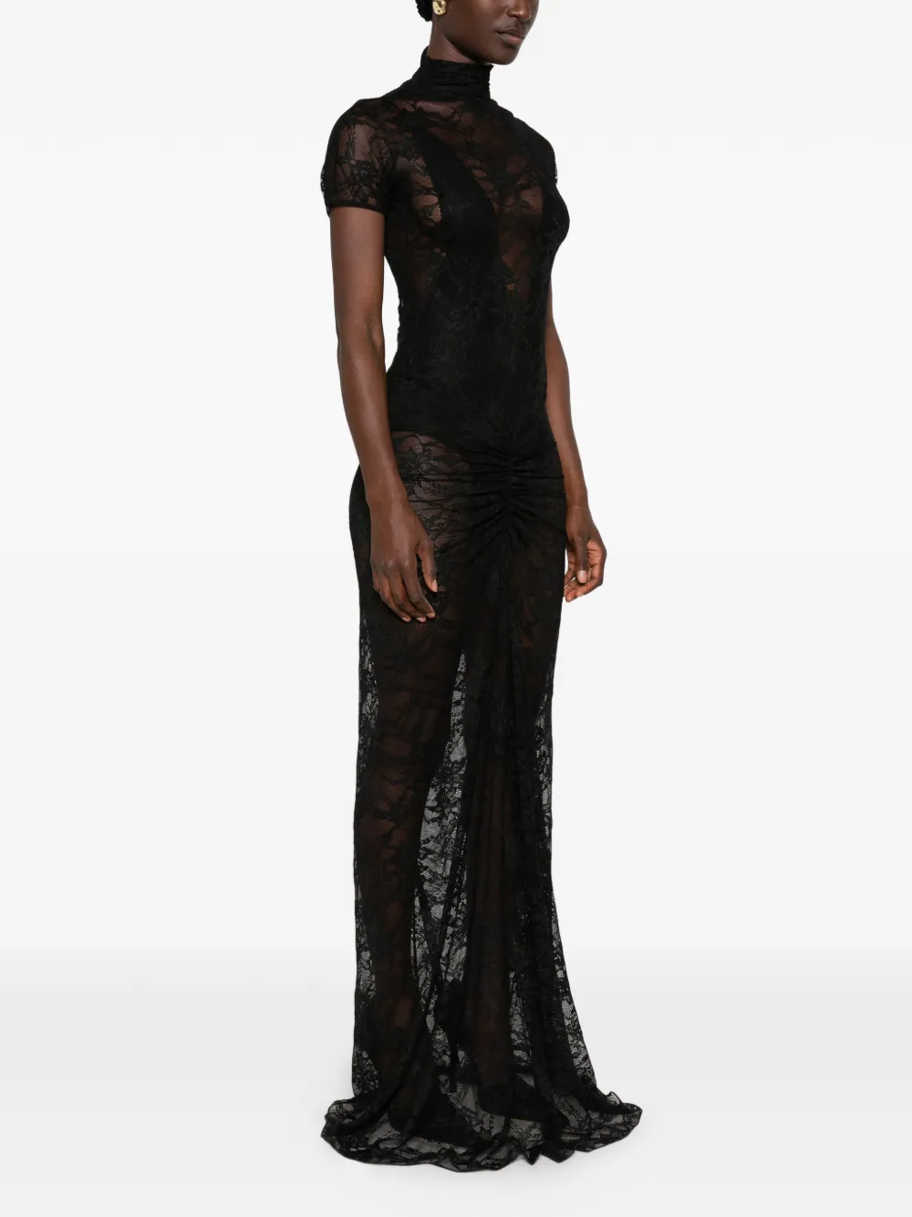 THE ANDAMANE Palma lace-overlay ruched-detail maxi dress Zwart
