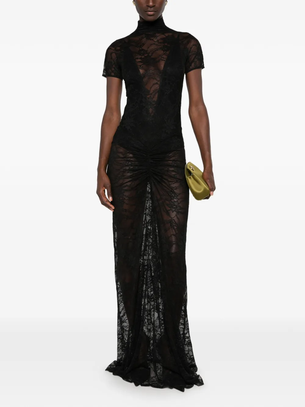 THE ANDAMANE Palma lace-overlay ruched-detail maxi dress Zwart
