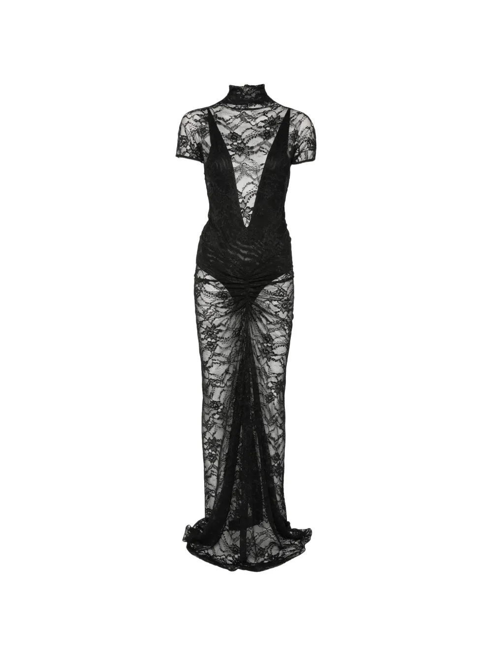 THE ANDAMANE Palma lace-overlay ruched-detail maxi dress - Noir