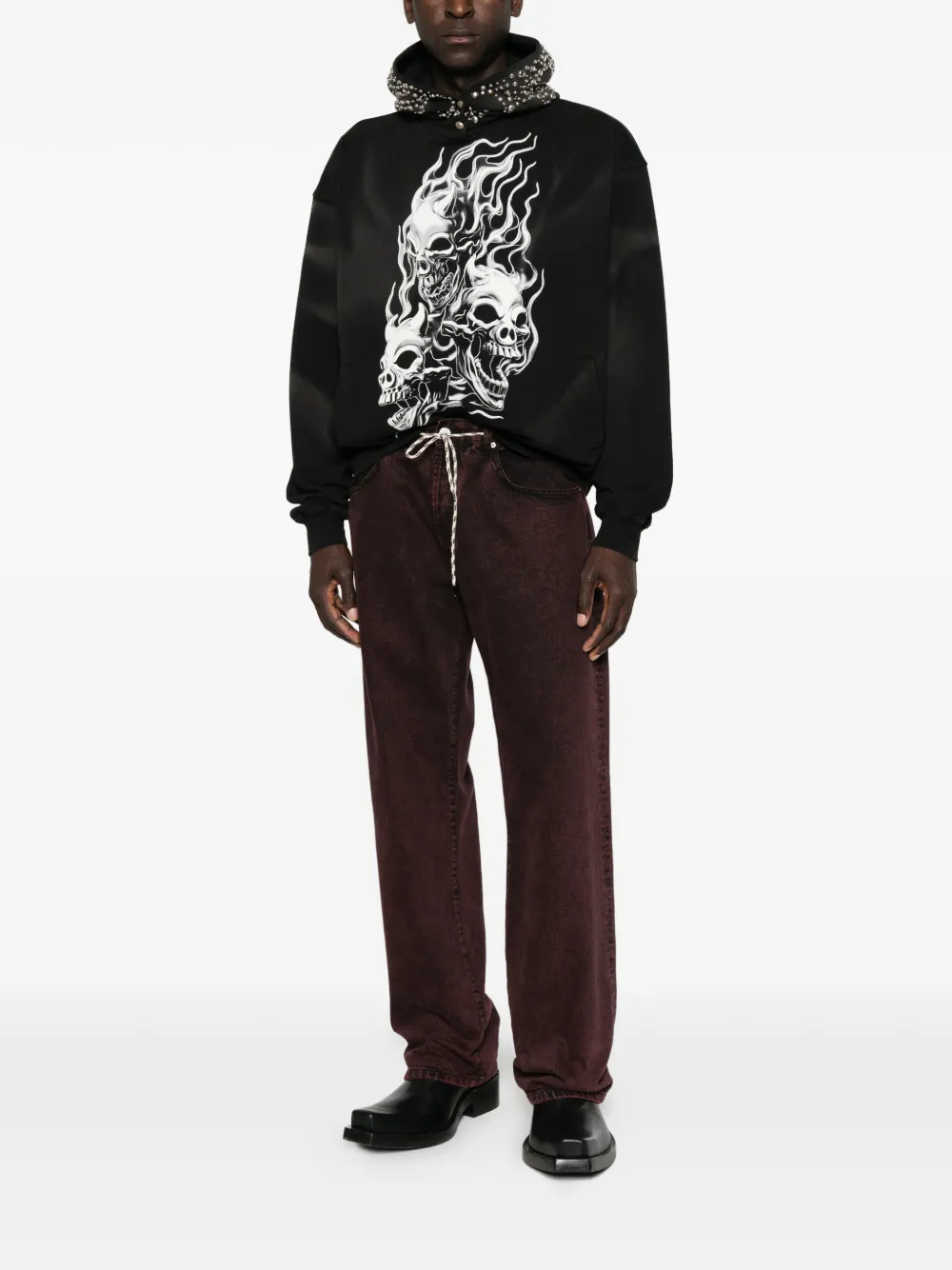 THUG CLUB Hoodie met doodskop-print en verfraaid met studs Zwart