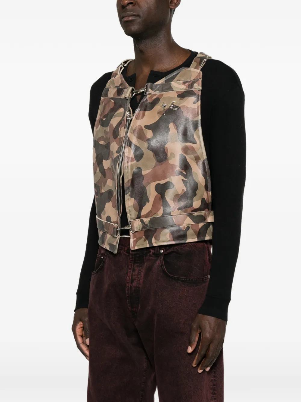 THUG CLUB Leren bodywarmer met camouflageprint Beige