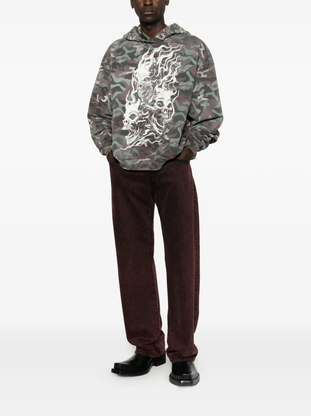 THUG CLUB Hoodie met doodskopprint en camouflageprint Groen