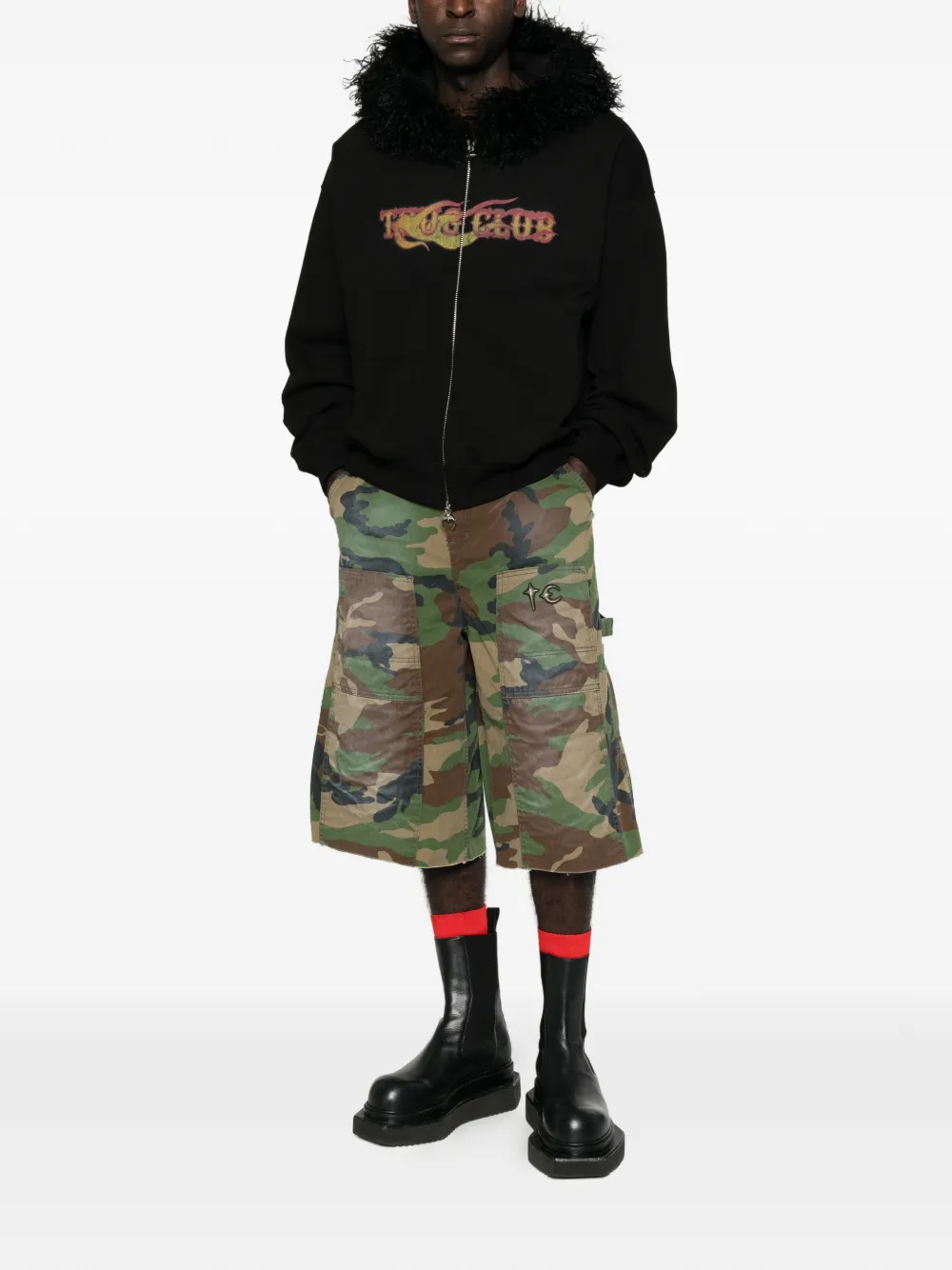 THUG CLUB Hoodie met afwerking van imitatiebont en grafische print Zwart
