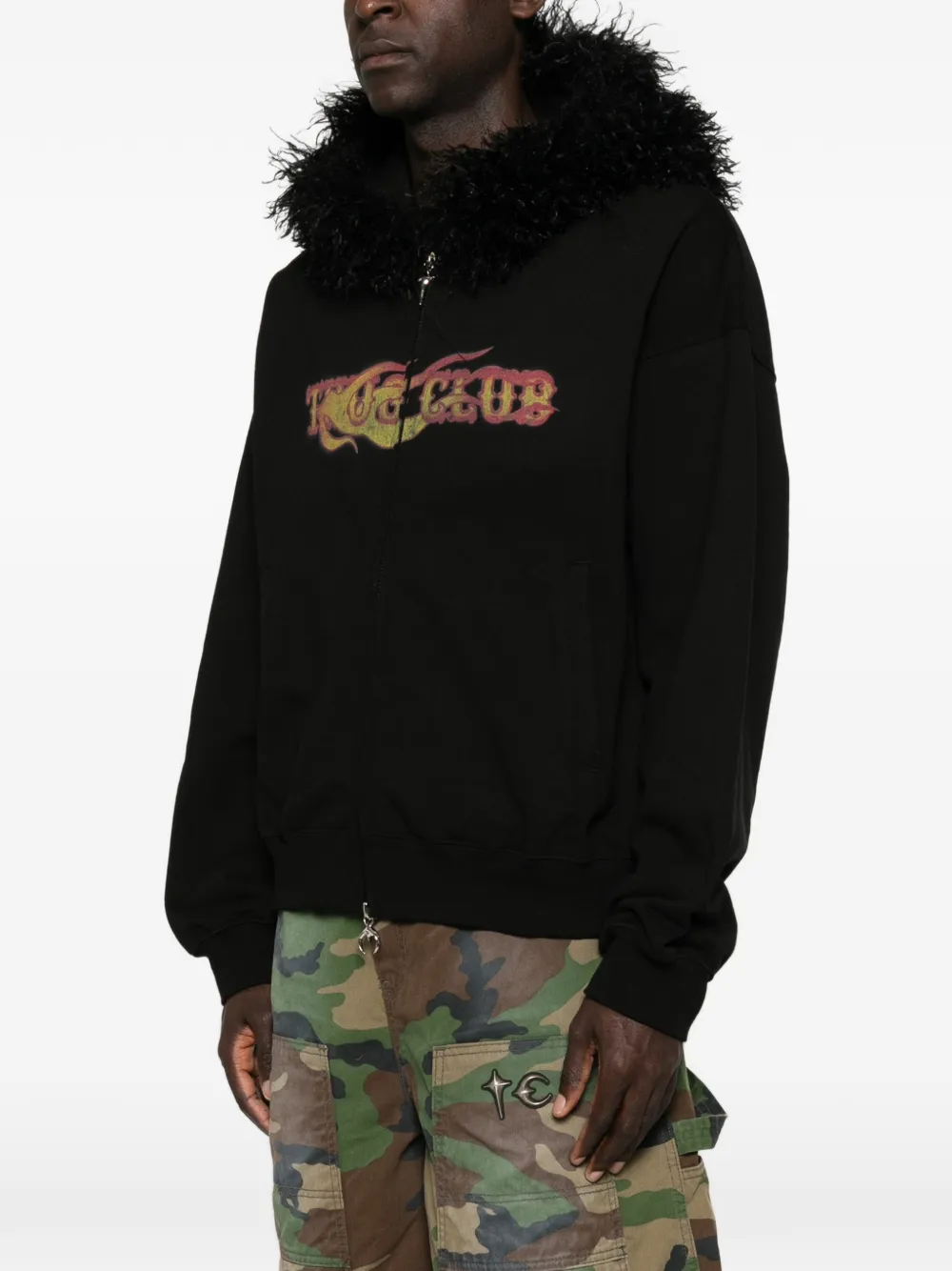THUG CLUB Hoodie met afwerking van imitatiebont en grafische print Zwart