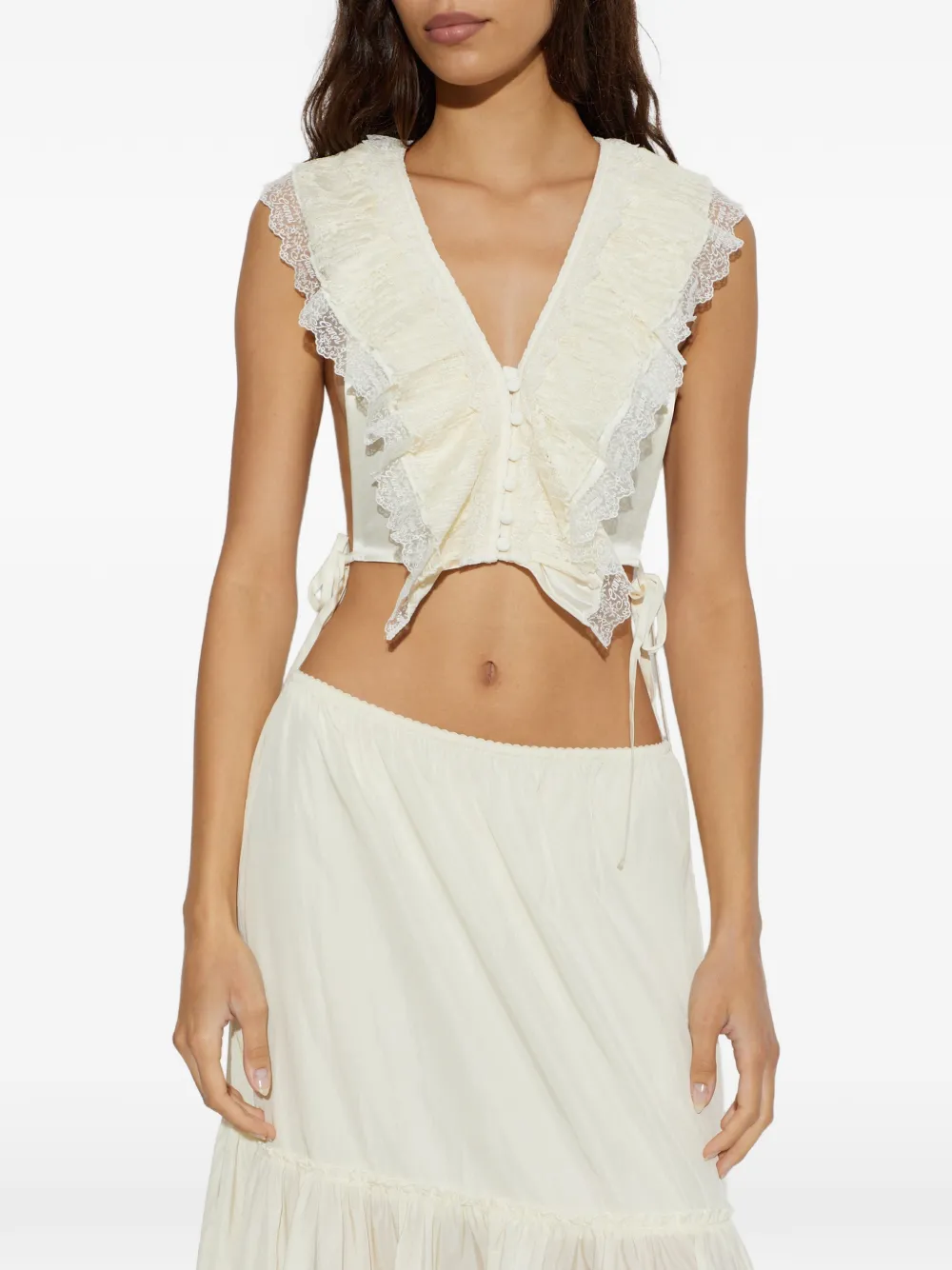 GANNI Top met ruches en kanten afwerking Beige