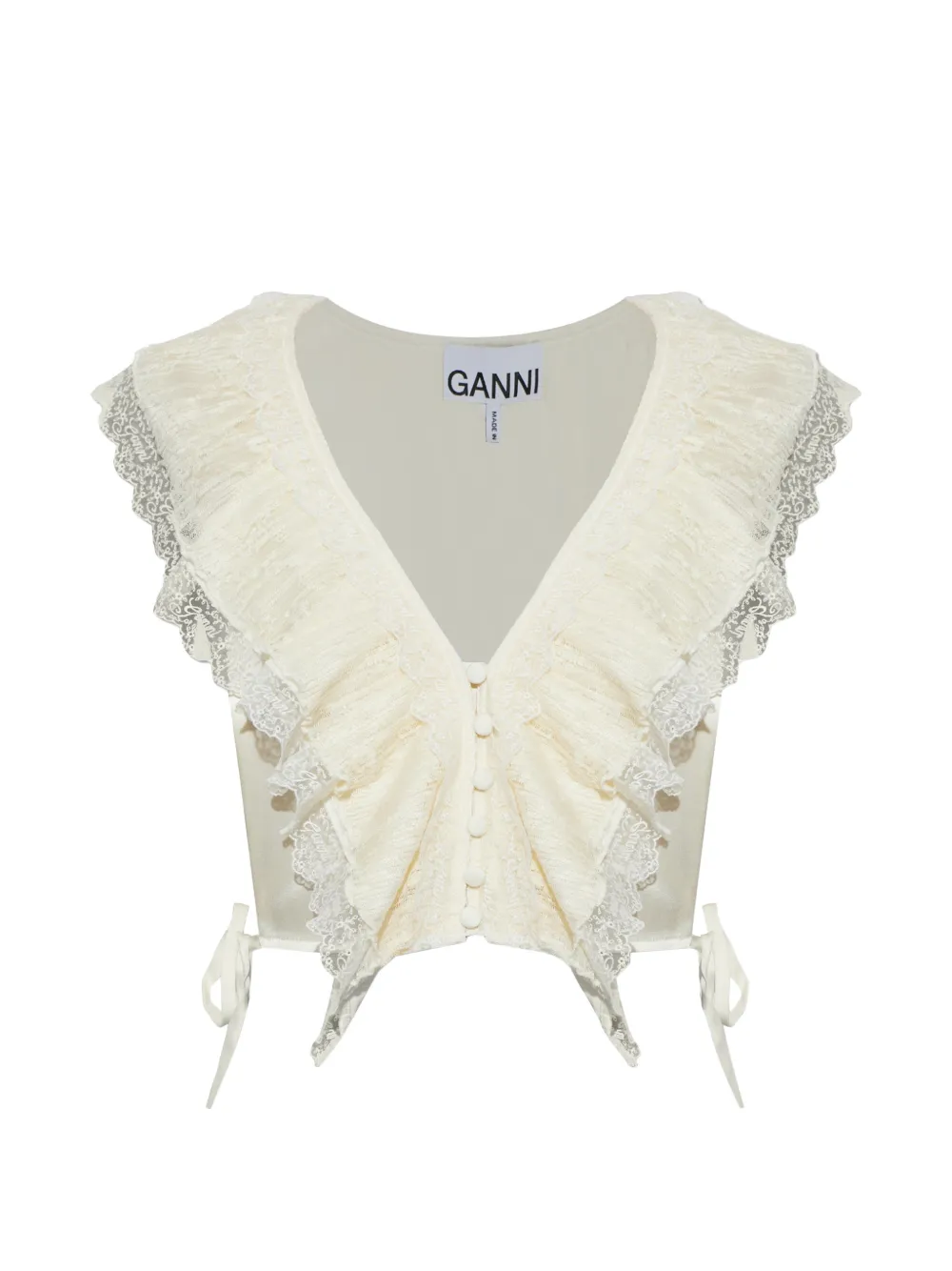 GANNI Top met ruches en kanten afwerking Beige