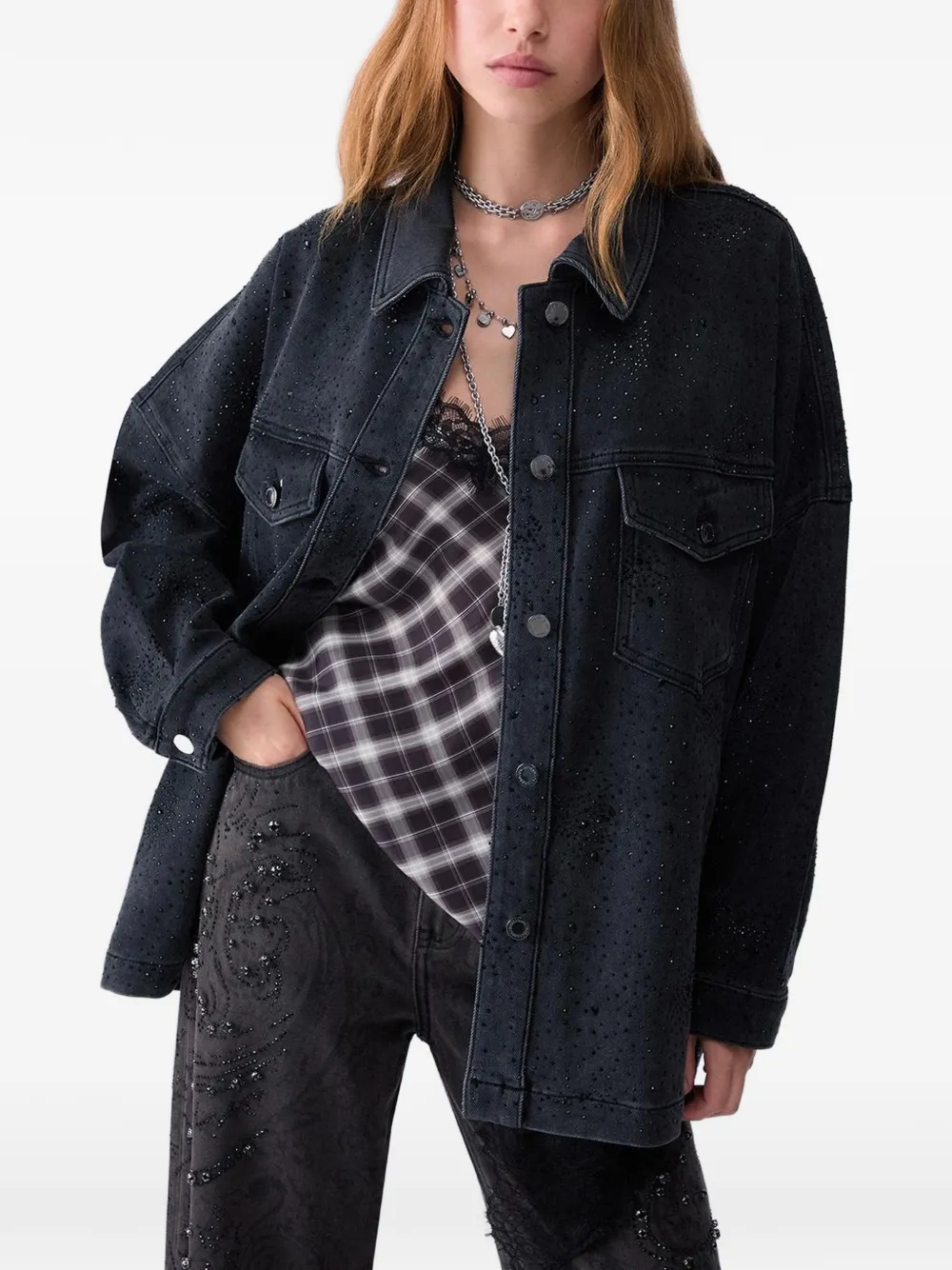 LIU JO rhinestone-embellished denim jacket - Nero