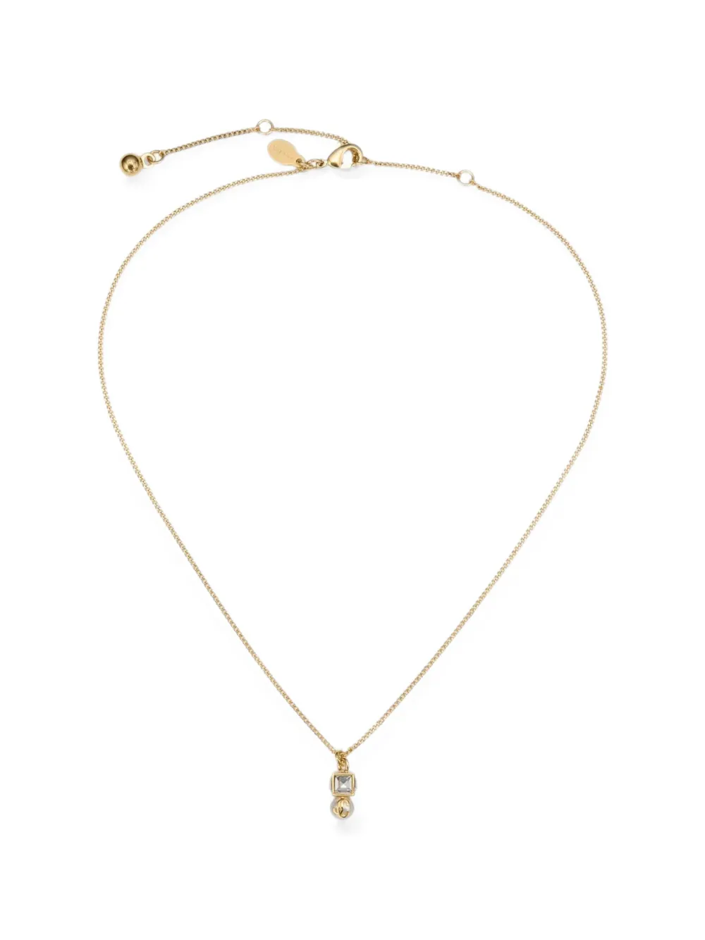 Jimmy Choo gold metal pendant with pearl-and-crystal cube