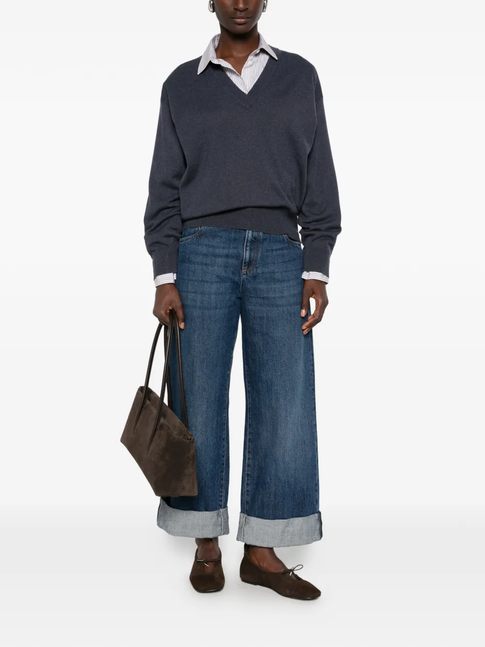 Brunello Cucinelli Trui met V-hals en lange mouwen Blauw