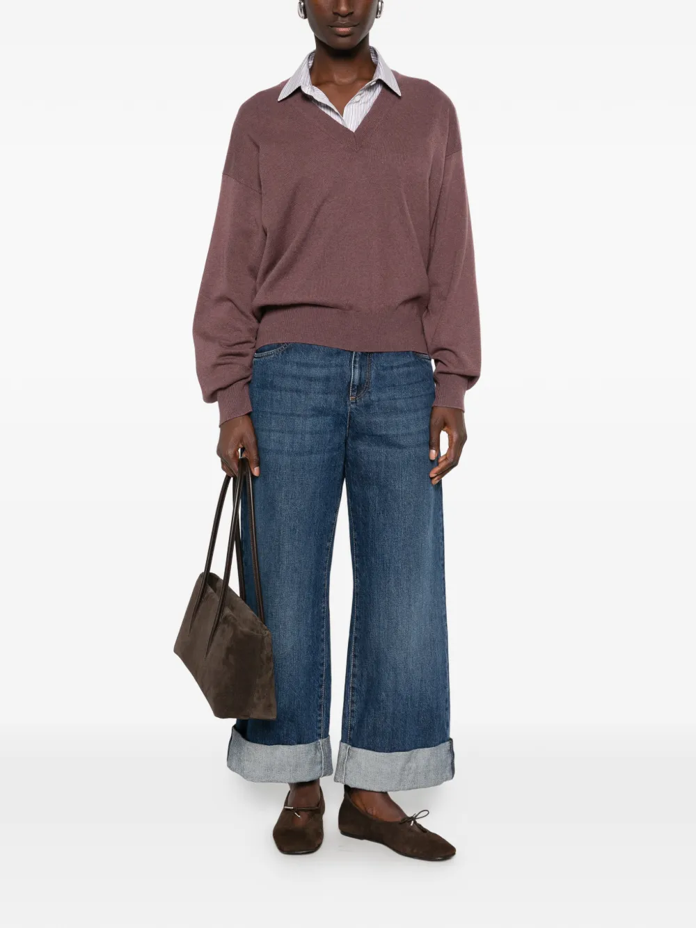 Brunello Cucinelli Trui met V-hals en Monili-afwerking Paars