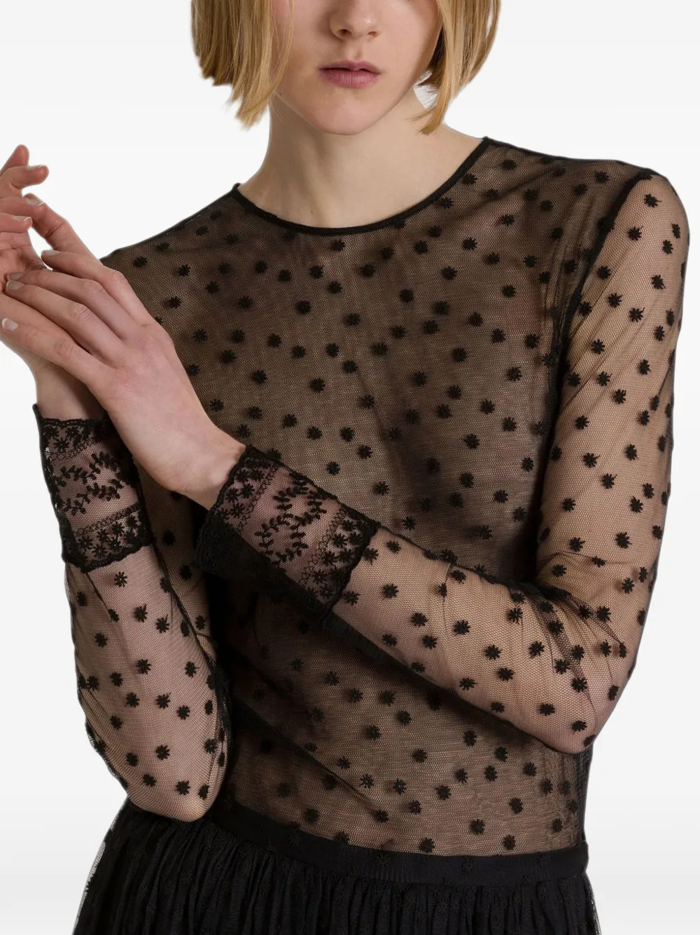 Alberta Ferretti polka-dot tulle long-sleeve blouse Zwart