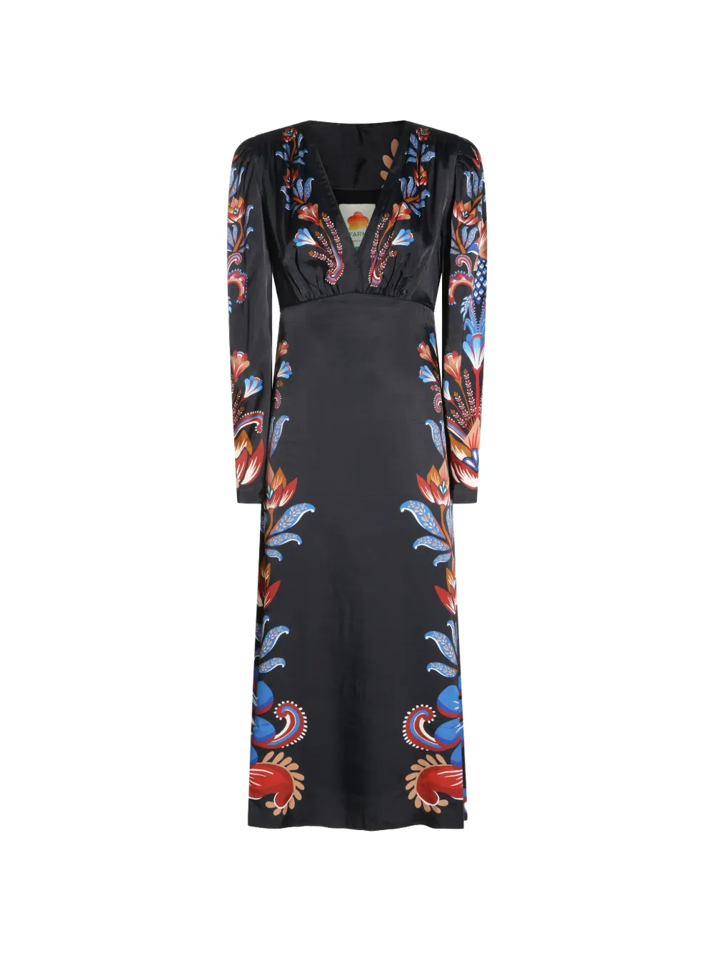 FARM Rio Energy Floral puff sleeve midi dress Zwart