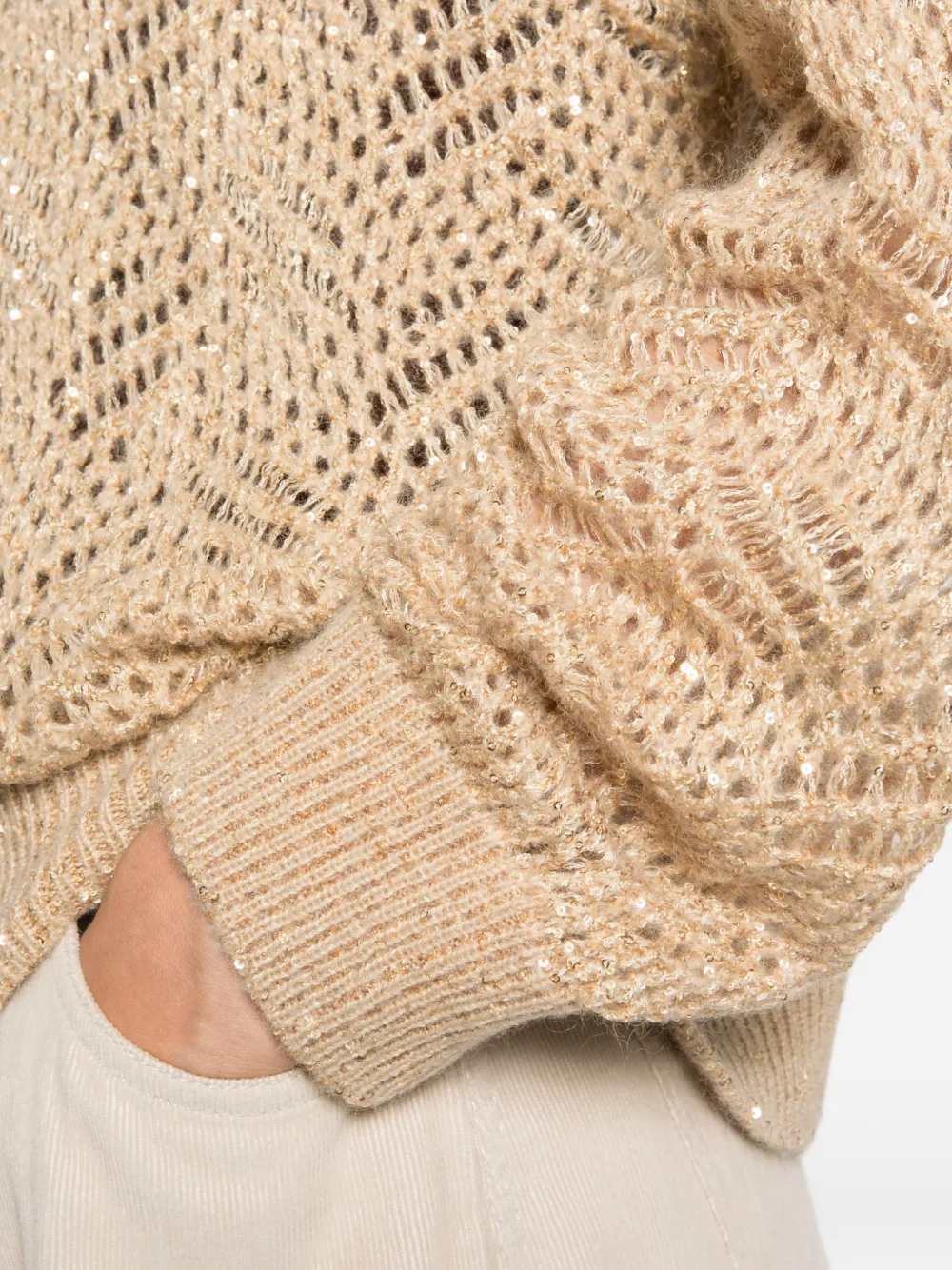 Brunello Cucinelli sequin-embellished open-knit sweater Beige