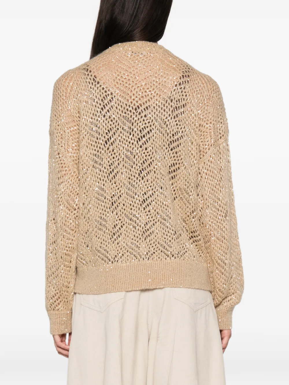 Brunello Cucinelli sequin-embellished open-knit sweater Beige