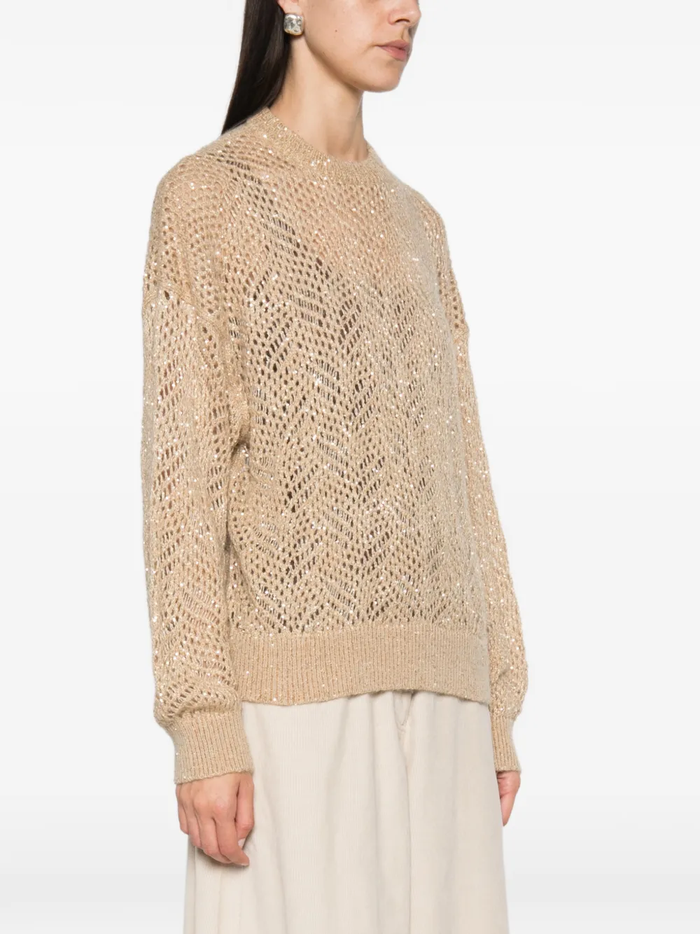 Brunello Cucinelli sequin-embellished open-knit sweater Beige