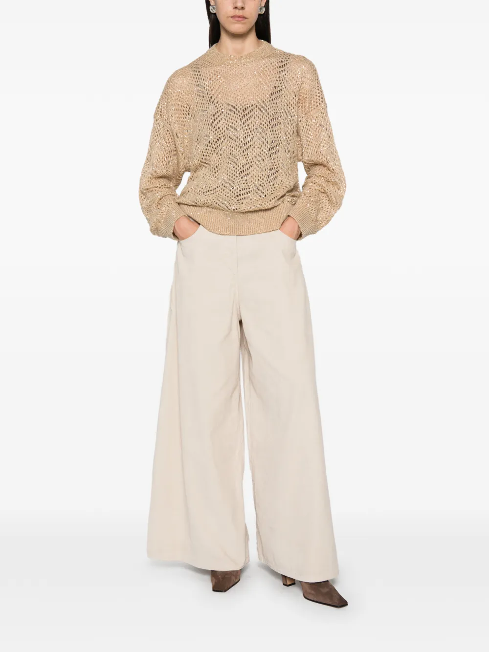 Brunello Cucinelli sequin-embellished open-knit sweater Beige