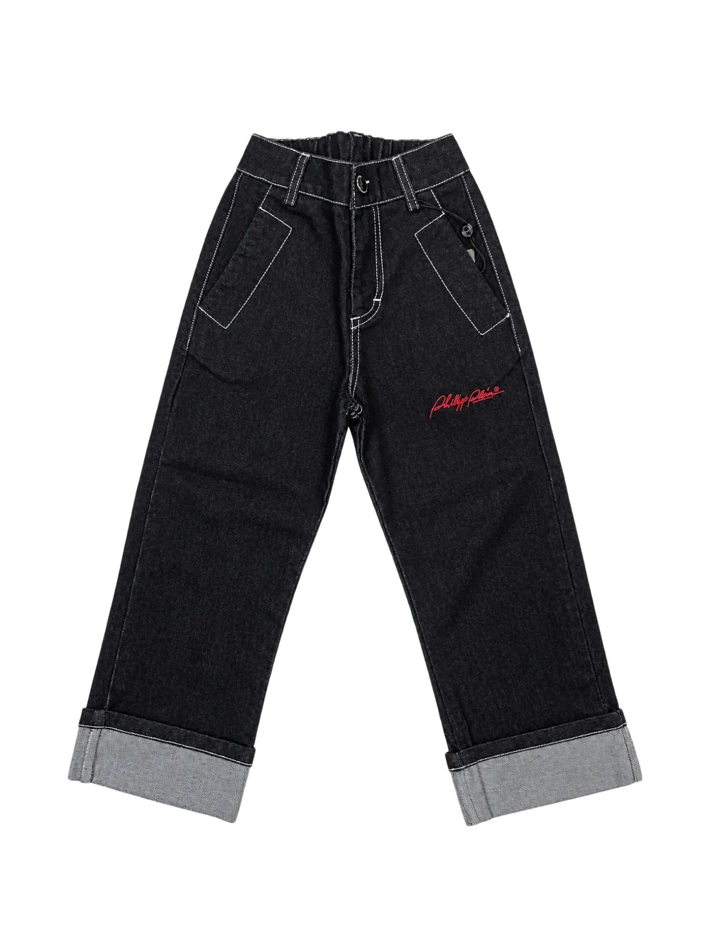 Philipp Plein Junior Jeans met contrasterende stiksels en logo-print Zwart