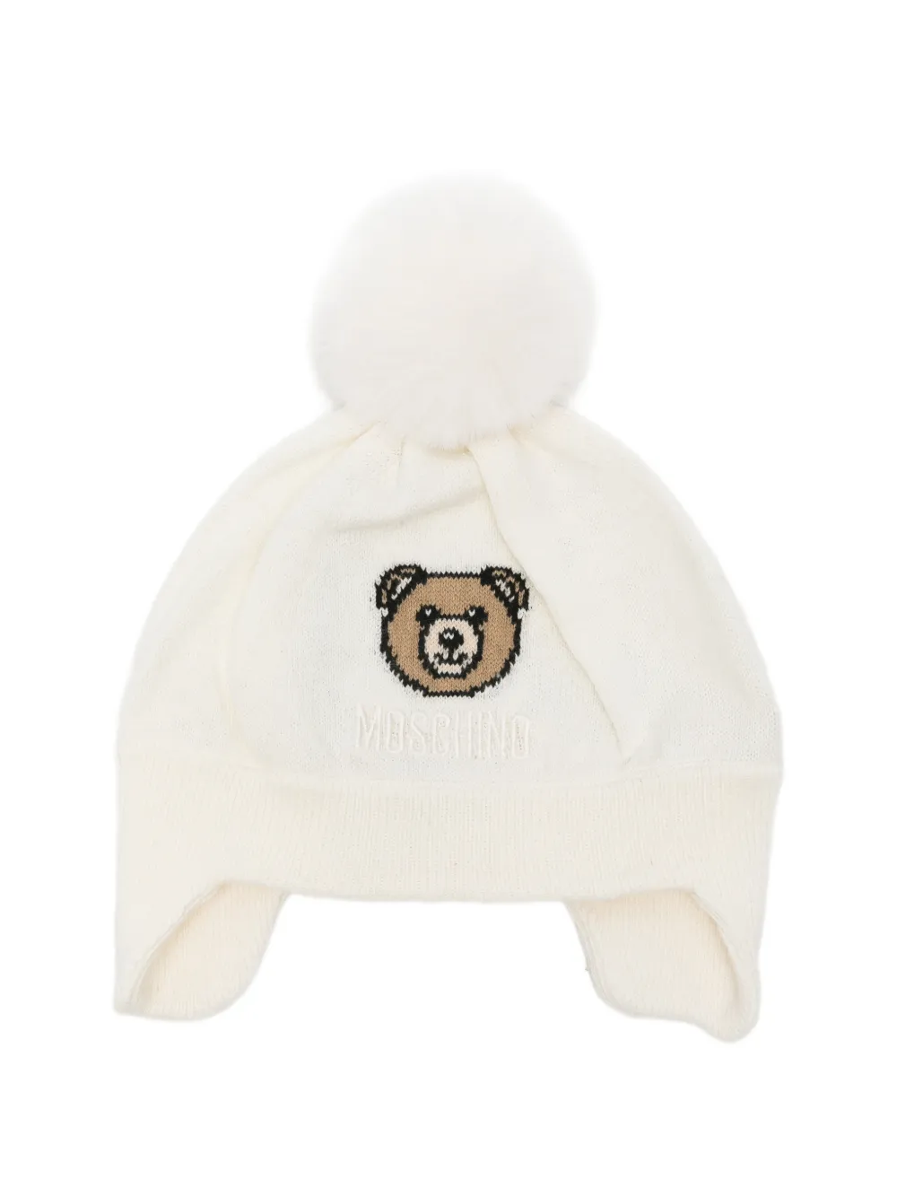 Moschino Kids Teddy Bear pompom beanie hat - Bianco