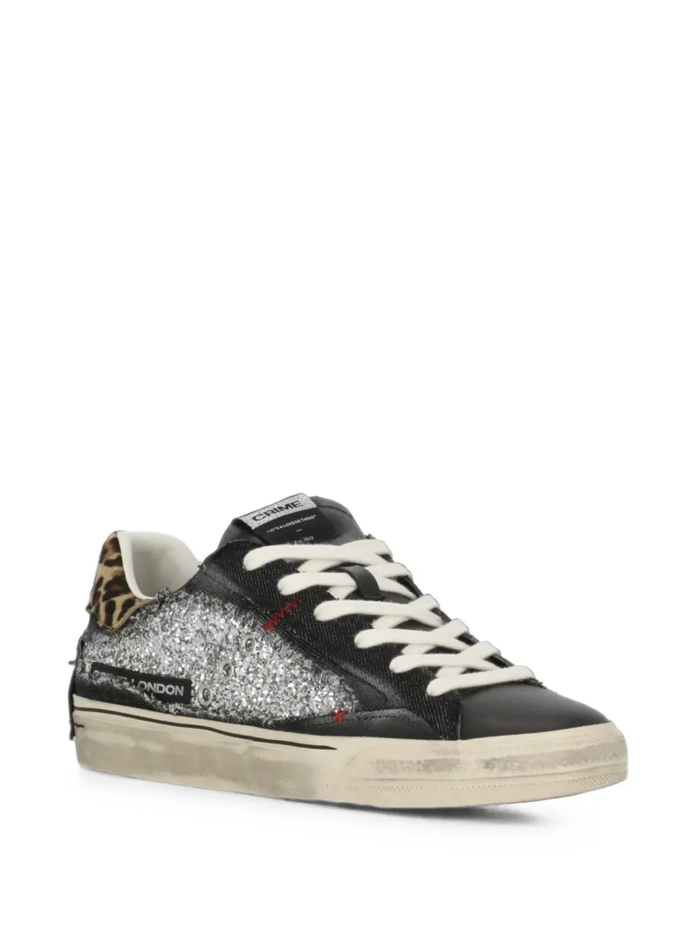 Crime London Desconstructed glitter-detail leopard-print sneakers Zwart