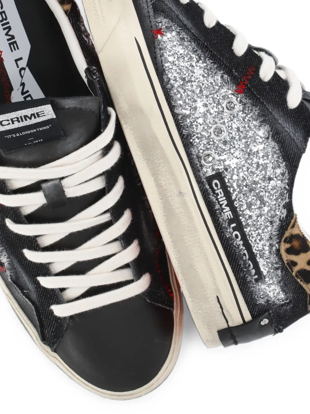 Crime London Desconstructed glitter-detail leopard-print sneakers Zwart