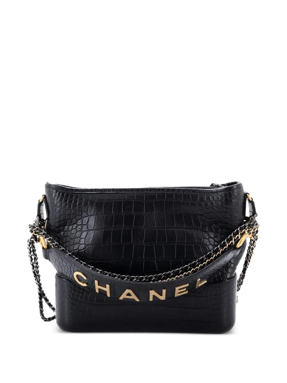 CHANEL Pre-Owned Gabrielle with Logo Handle Crocodile Embossed Calfskin Medium hobo bag - Nero