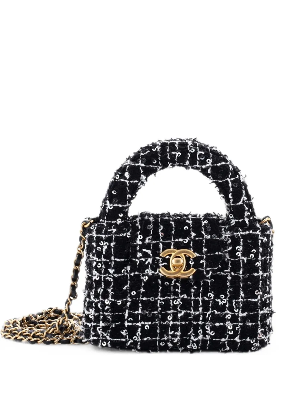 CHANEL Pre-Owned Kelly Top Handle Shopping Bag Quilted Tweed with Sequins Nano satchel - Nero