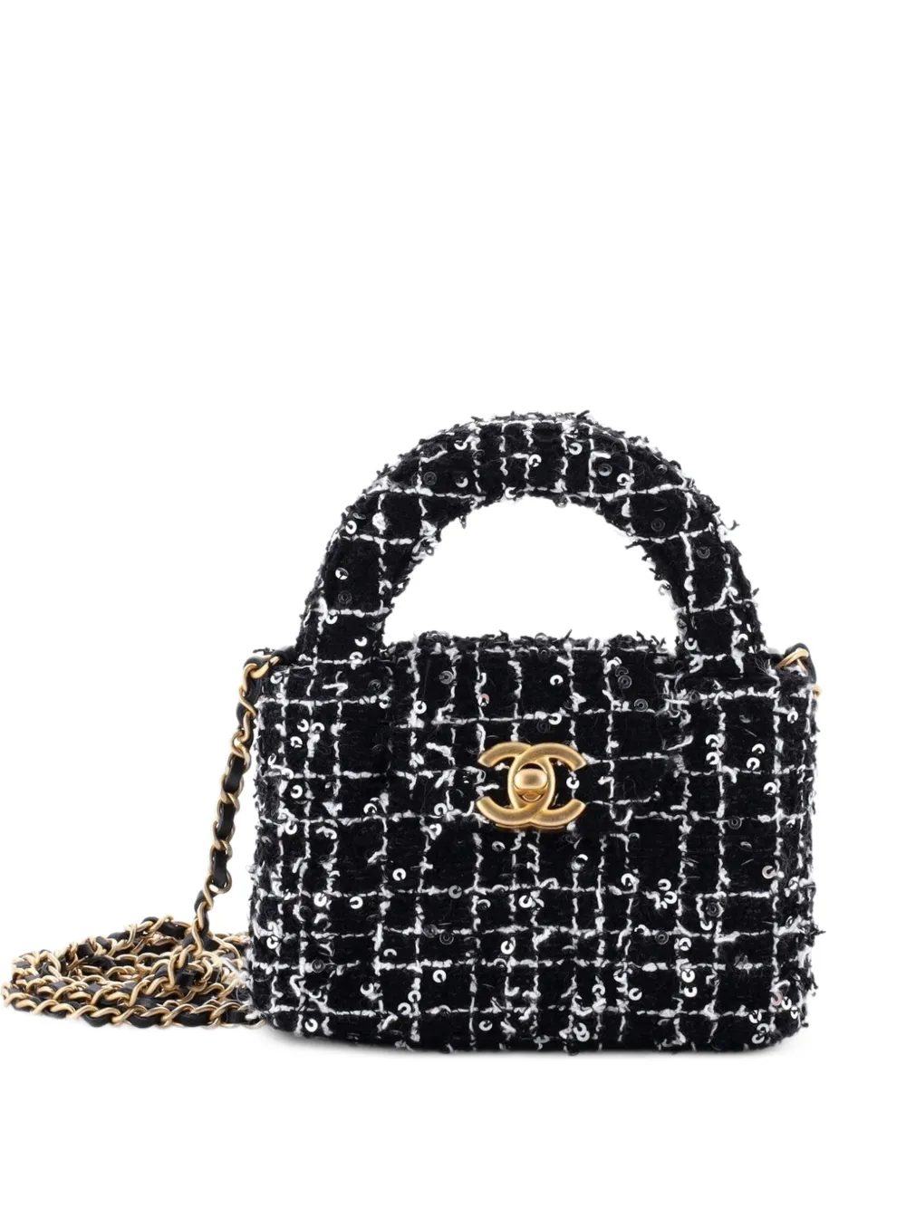 CHANEL Pre-Owned Nano Kelly Top Handle Shopping Satchel-Tasche aus gestepptem Tweed mit Pailletten - Schwarz