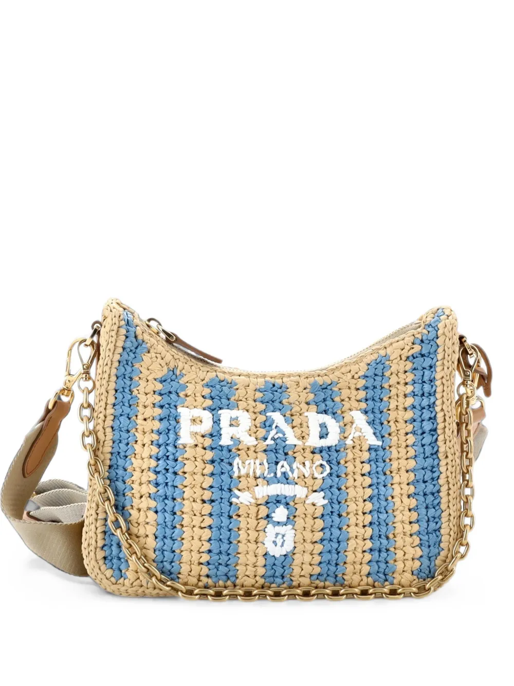 Pre-owned Prada Re-edition 2005 Striped Raffia Small Shoulder Bag In Blue