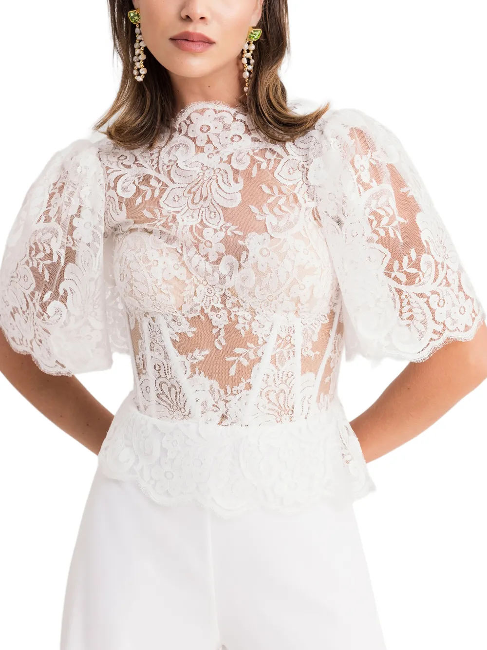 Gemy Maalouf lace-embroidered peplum-hem T-shirt - Bianco