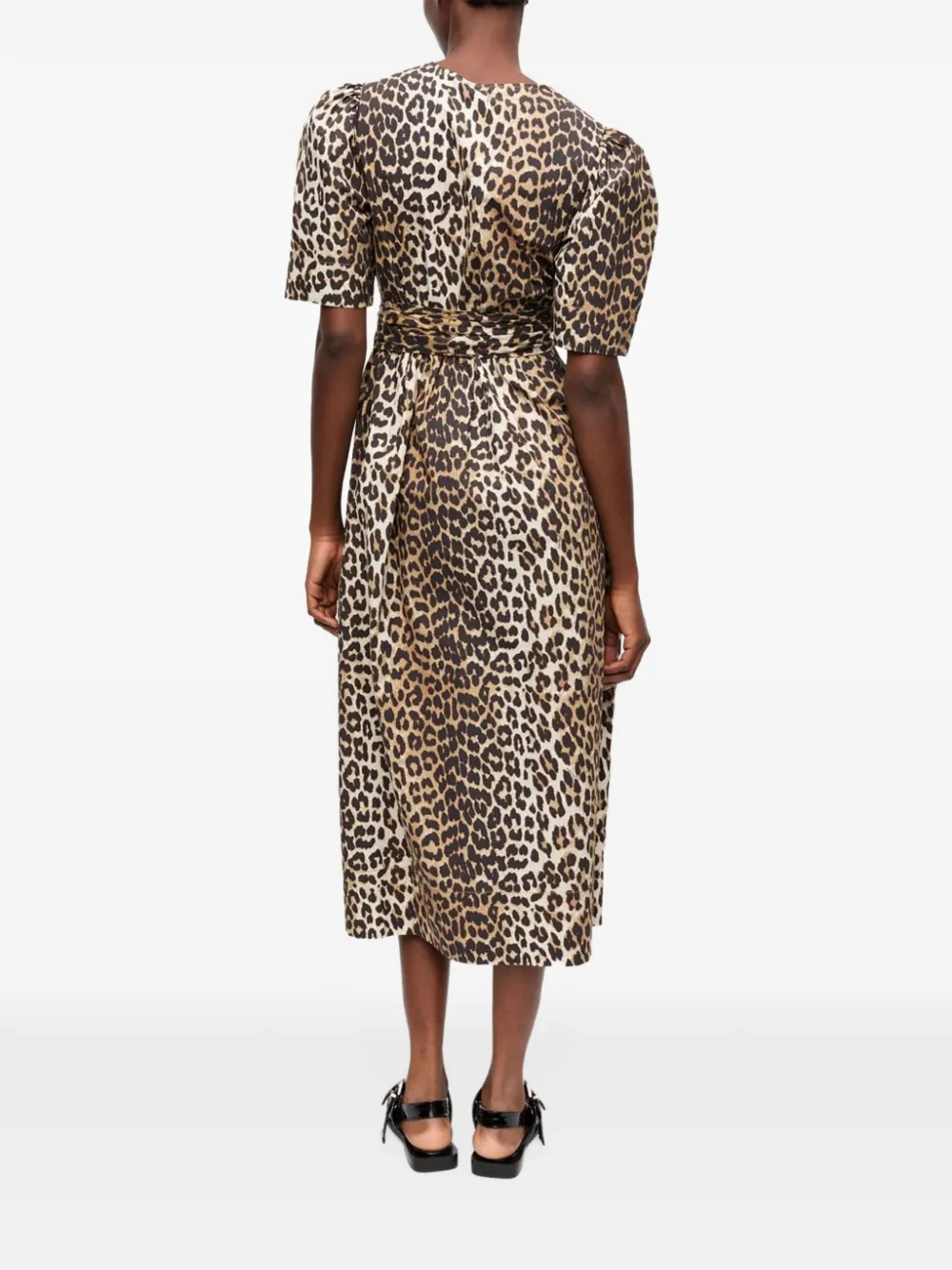 GANNI bow-detailed leopard-print midi dress Beige
