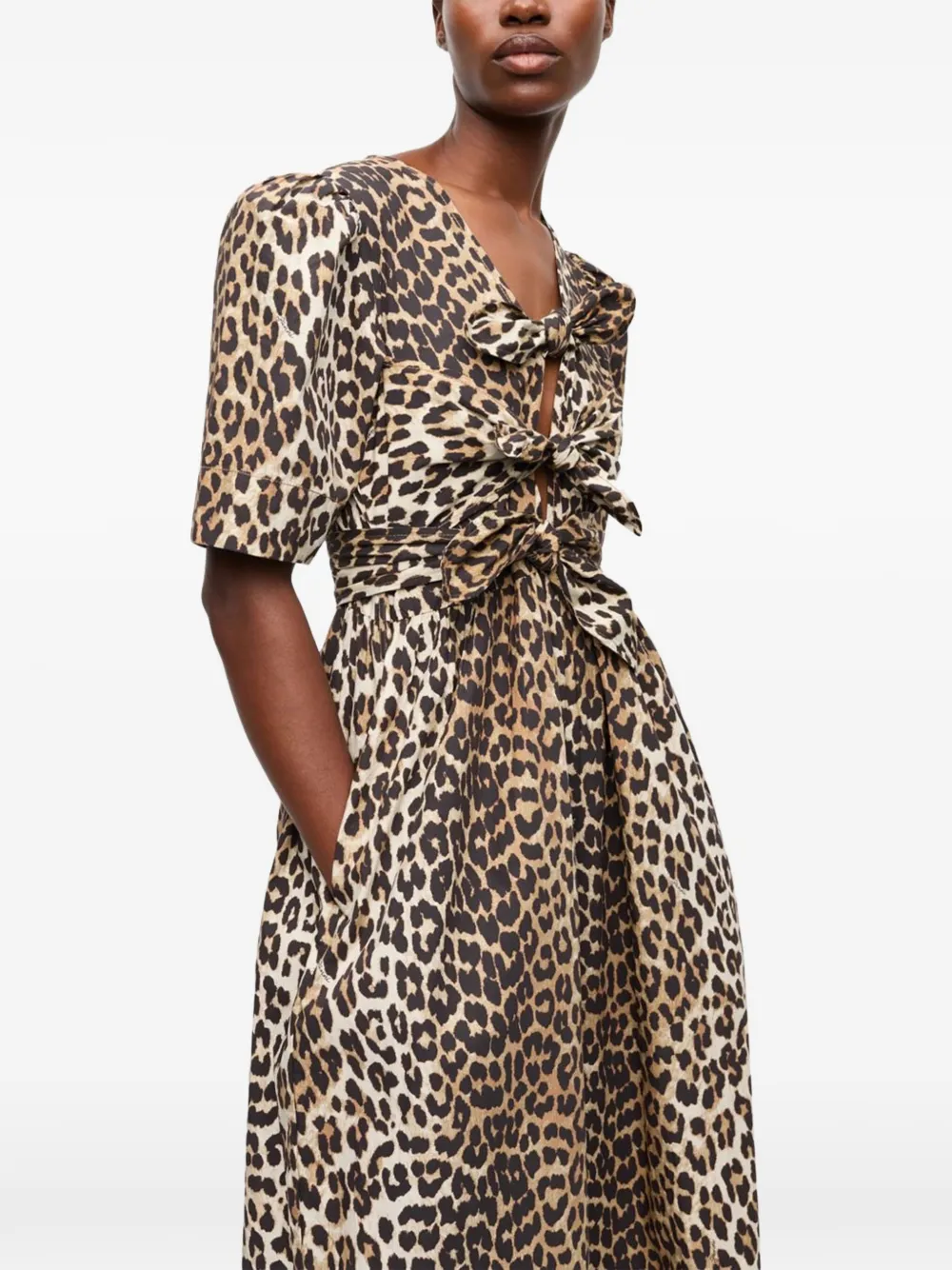 GANNI bow-detailed leopard-print midi dress Beige