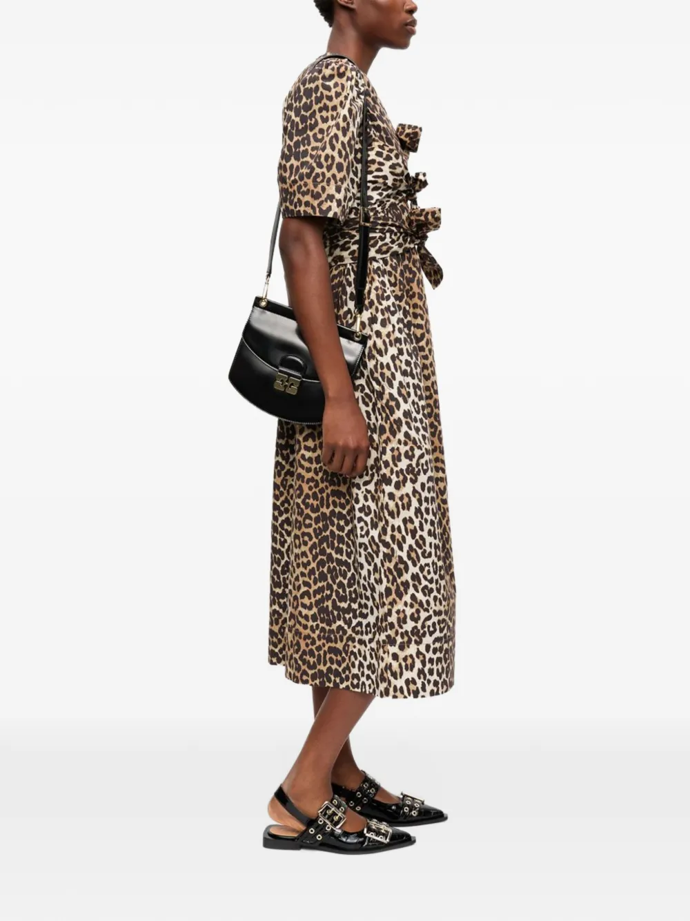 GANNI bow-detailed leopard-print midi dress Beige