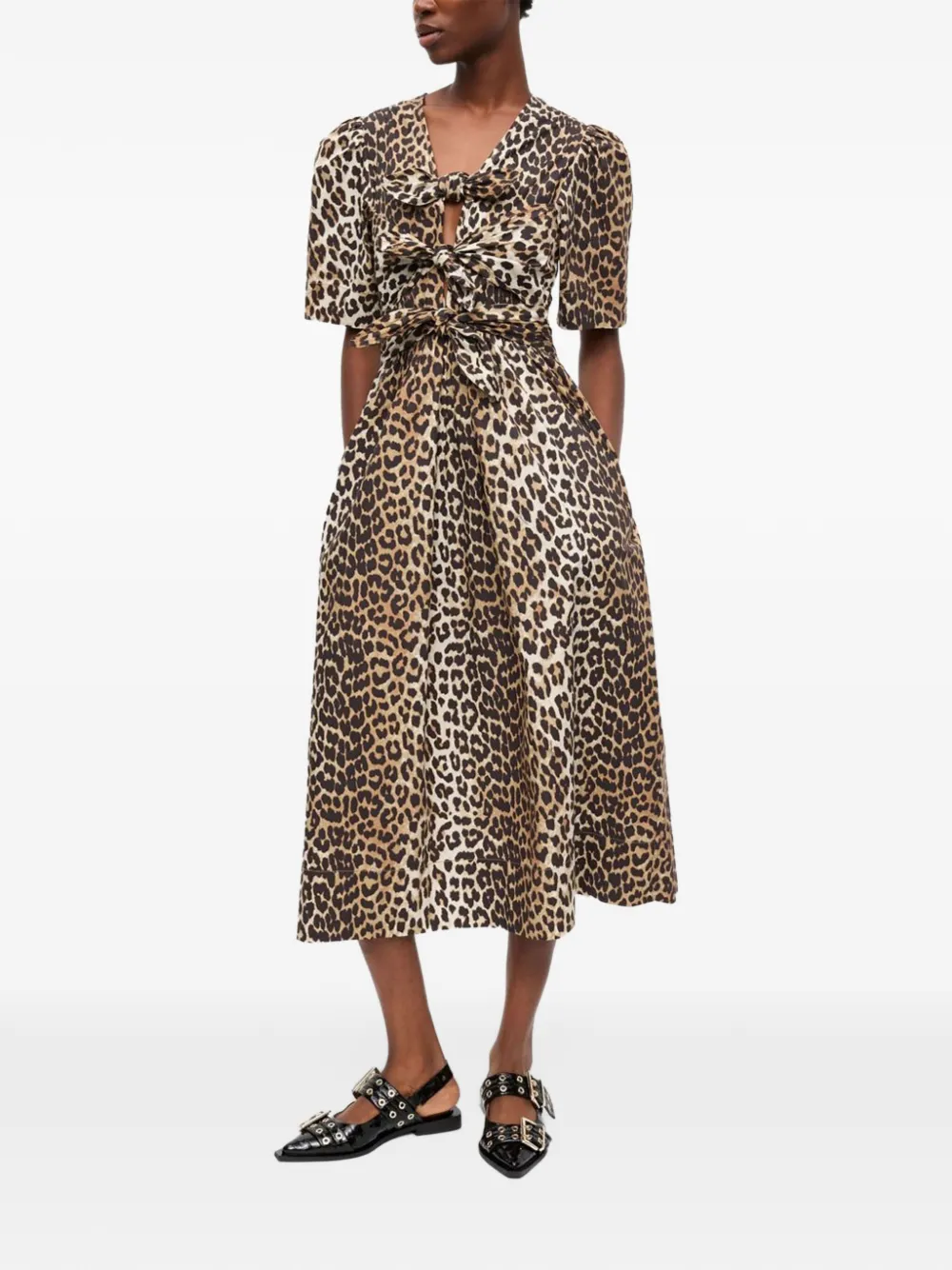 GANNI bow-detailed leopard-print midi dress Beige