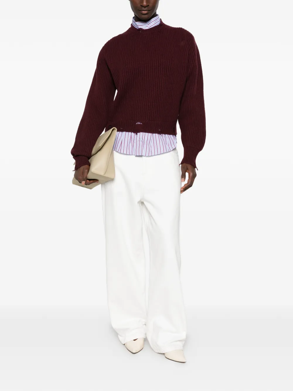 Solotre Distressed Ribbed-knit Sweater In Burgundy