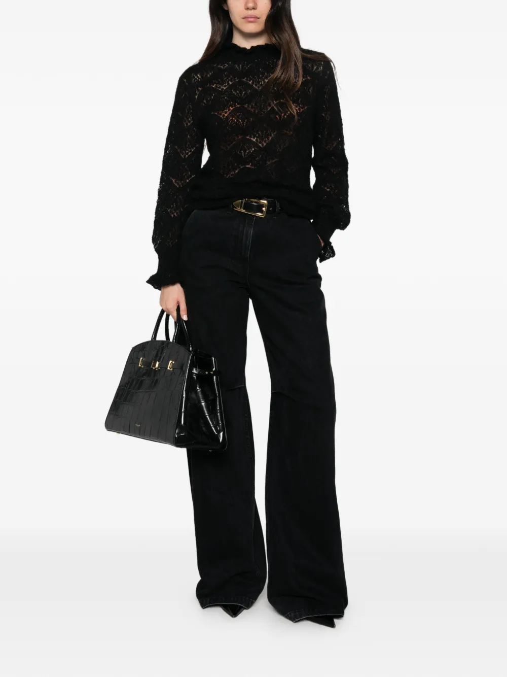 Solotre Lace-knit Ruffle-trim Sweater In Black