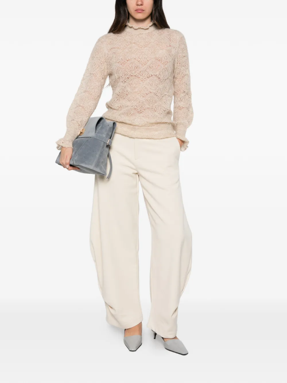 Solotre Pointelle-knit Ruffled Sweater In Neutral
