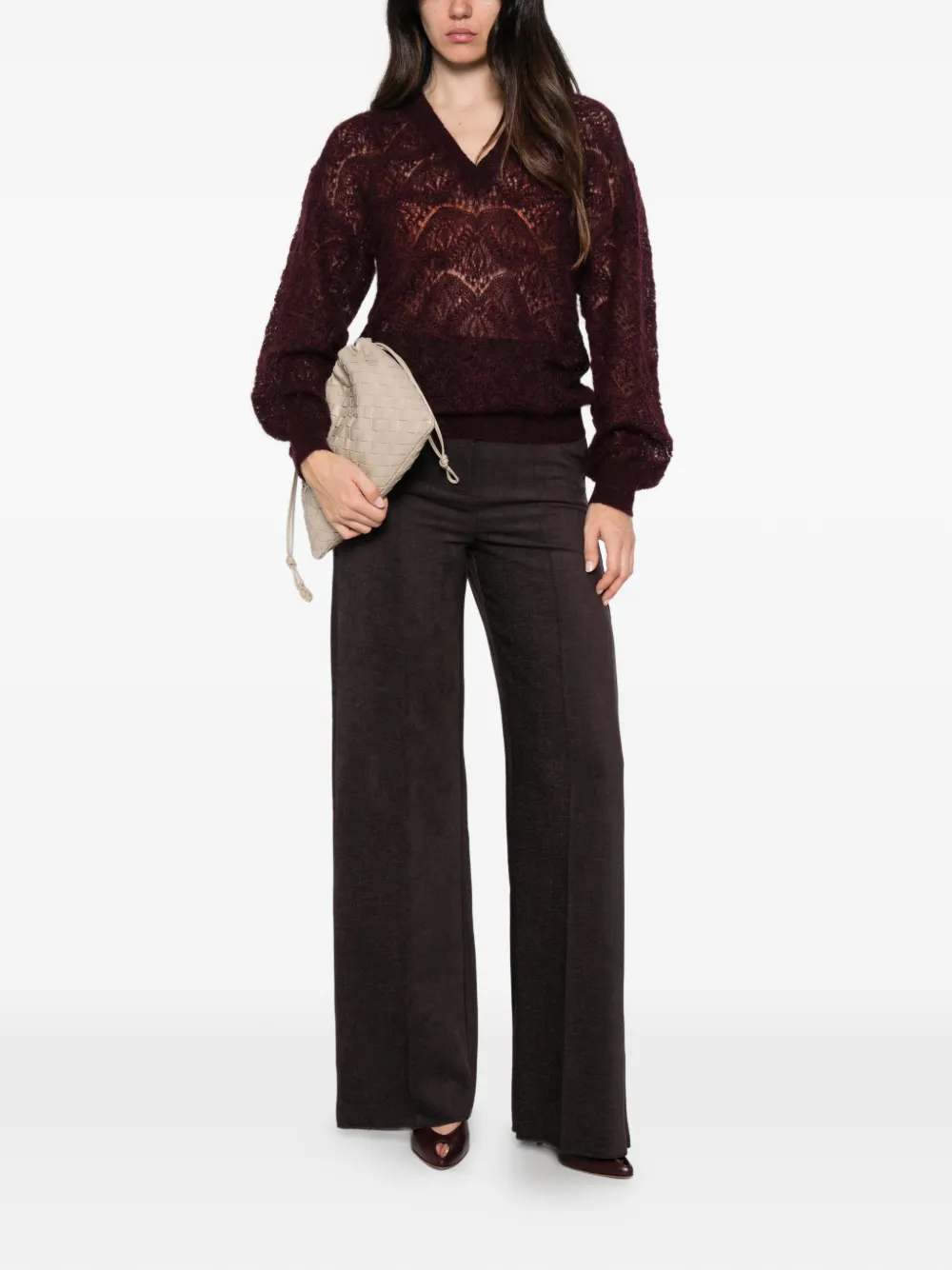 Solotre Lace-knit V-neck Sweater In Brown