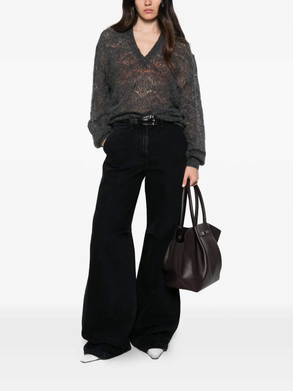 Solotre Lace-knit V-neck Sweater In Gray