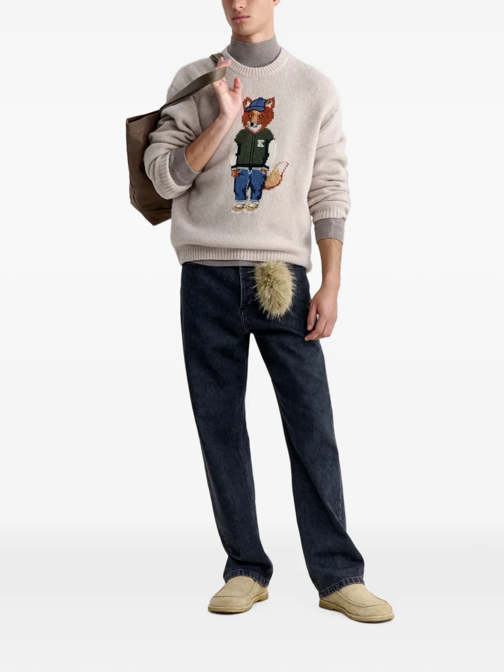 Maison Kitsuné fox-intarsia knitted sweater Beige