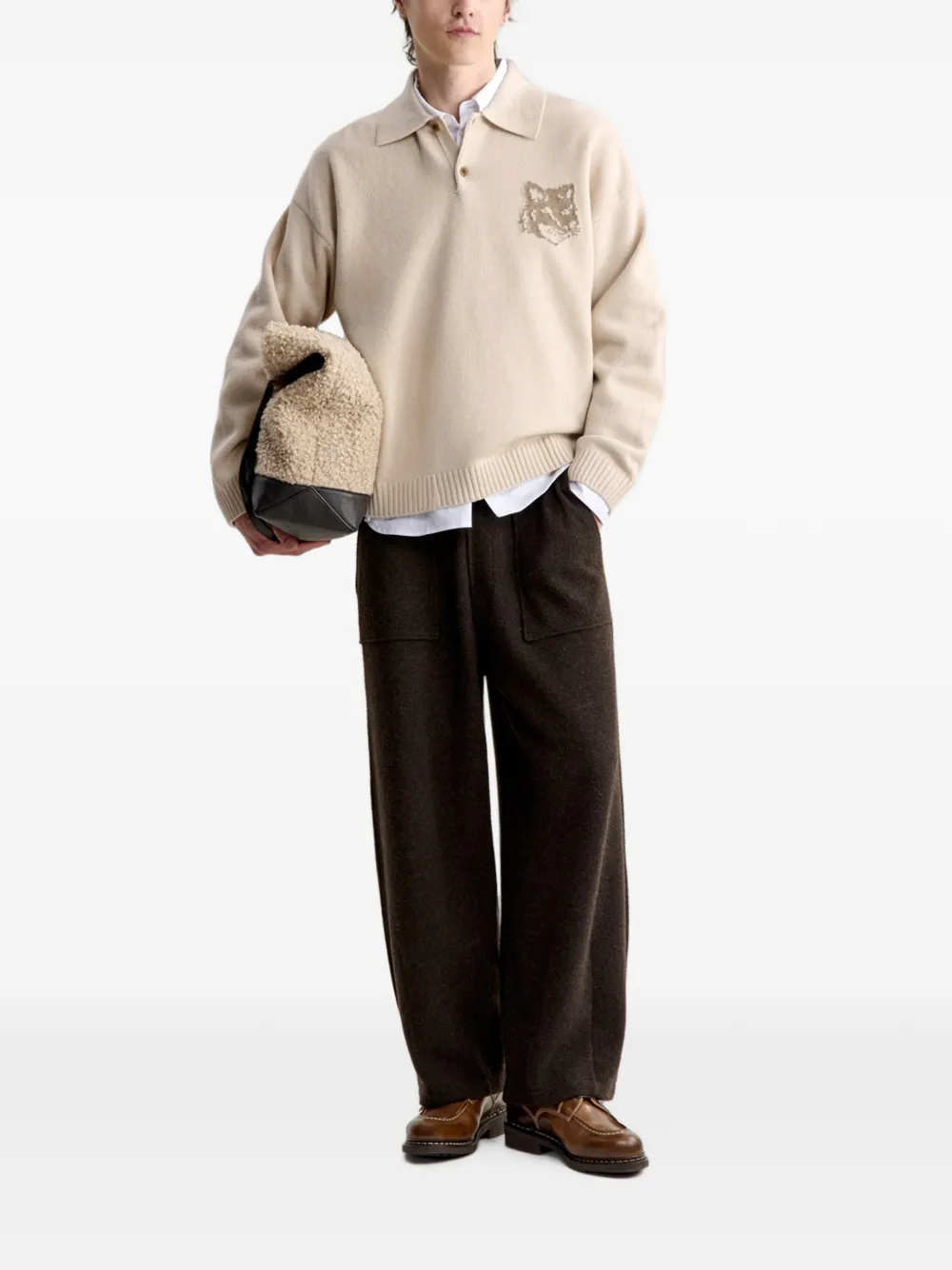 Maison Kitsuné fox-intarsia polo-collar sweater Beige