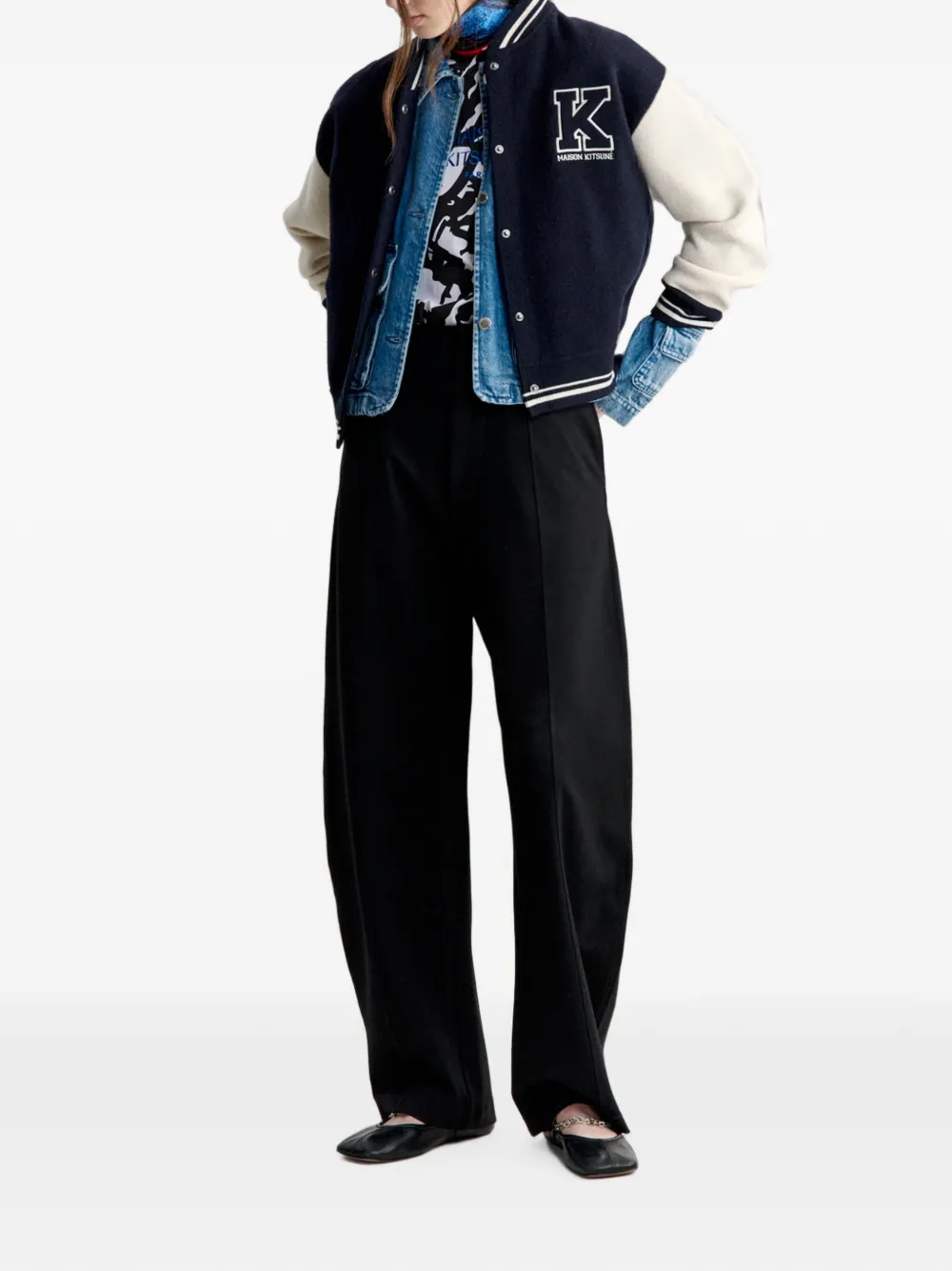 Maison Kitsuné logo-embroidered colour-block bomber jacket Blauw