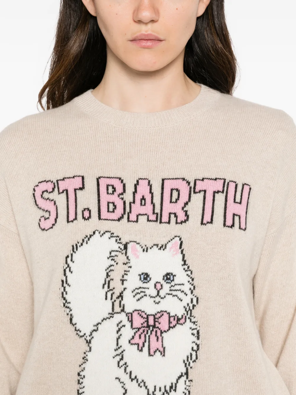 MC2 Saint Barth Tessa wolblend en kasjmierblend gebreide trui met ronde hals en kitten-intarsia Bruin