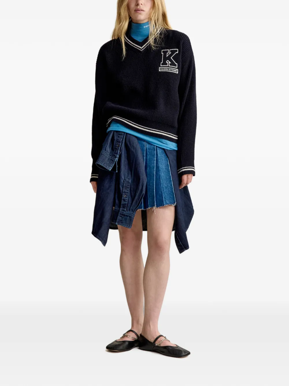 Maison Kitsuné logo-patch V-neck sweater Blauw