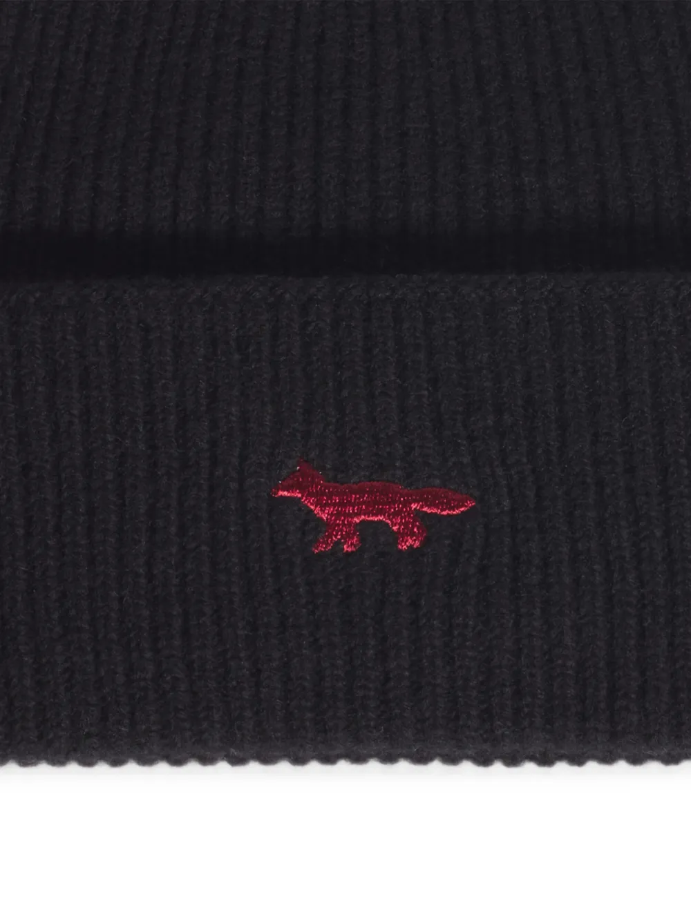 Maison Kitsuné ribbed-knit fox-embroidered beanie hat Zwart