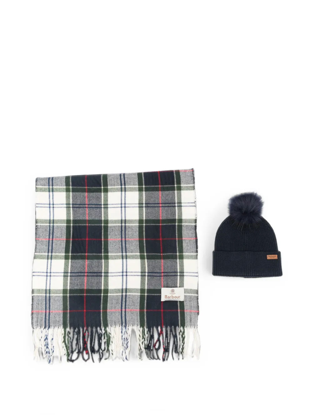 Barbour tartan-print pompom beanie hat and scarf set - Bianco
