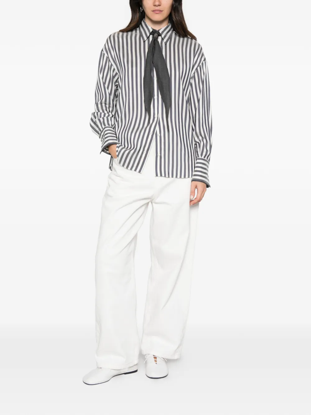 Brunello Cucinelli striped tie-detail shirt Beige