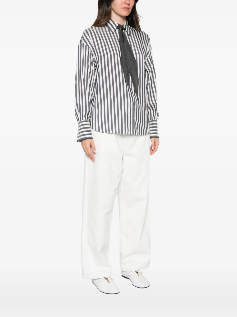 Brunello Cucinelli striped tie-detail shirt Beige