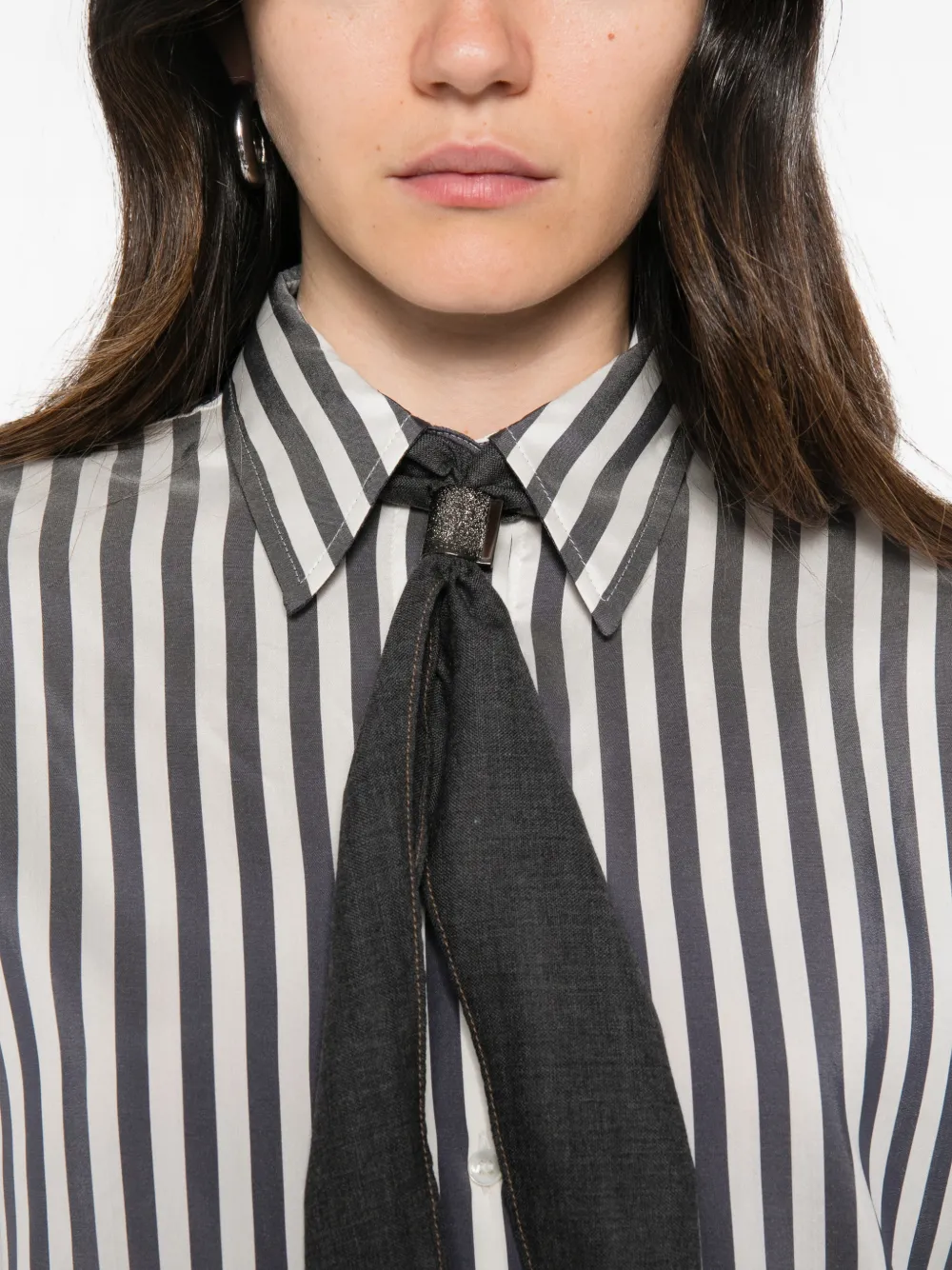 Brunello Cucinelli striped tie-detail shirt Beige