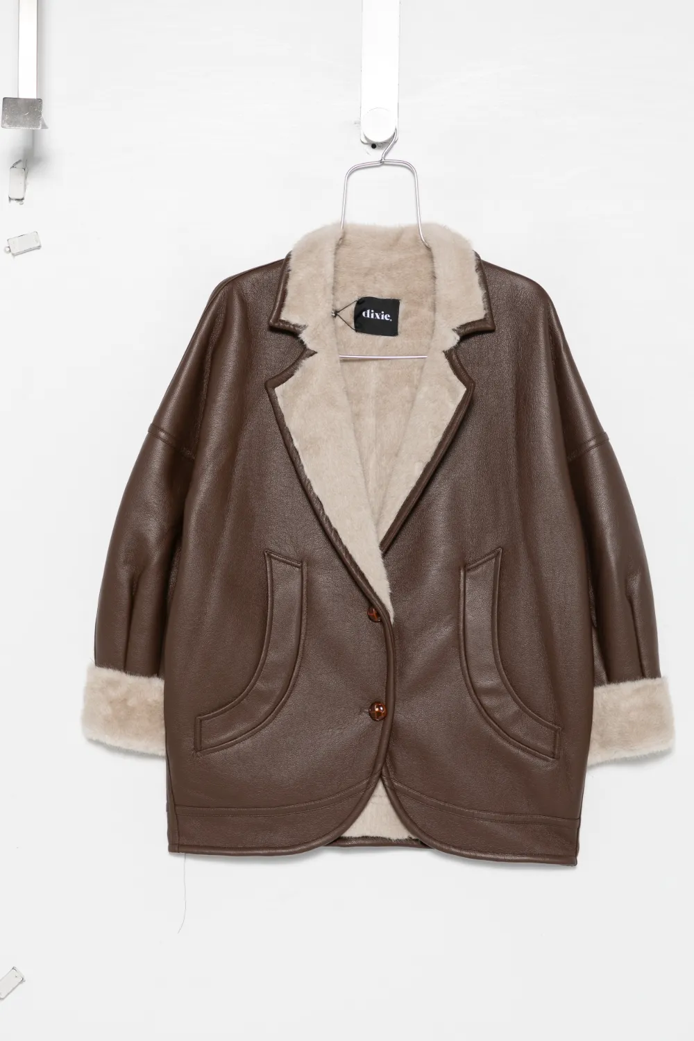 DIXIE faux-shearling trim coat - Marrone