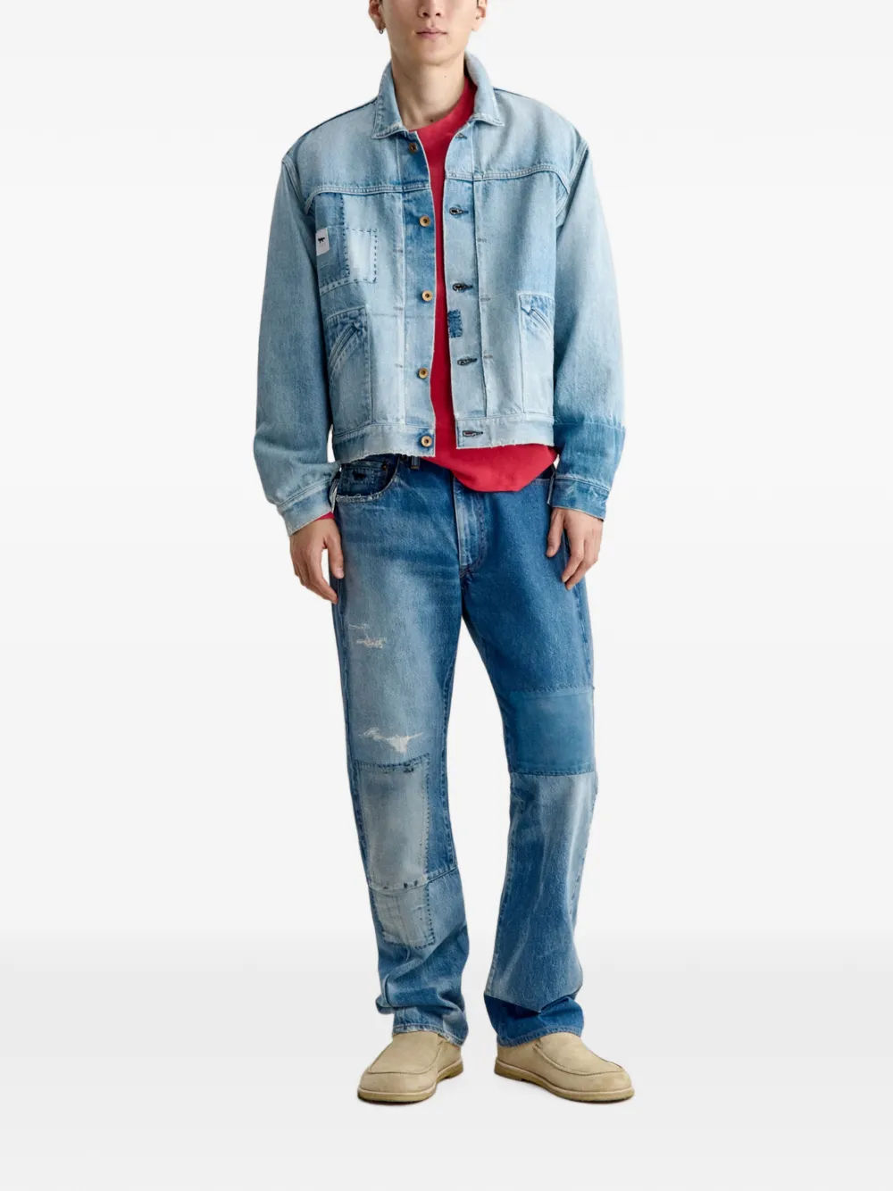 Maison Kitsuné Katoenen denim jack met patchwork Blauw